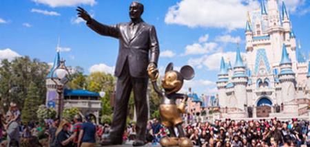 Walt Disney and Mickey Mouse "Partners" statue in front of Cinderella Castle at Magic Kingdom.