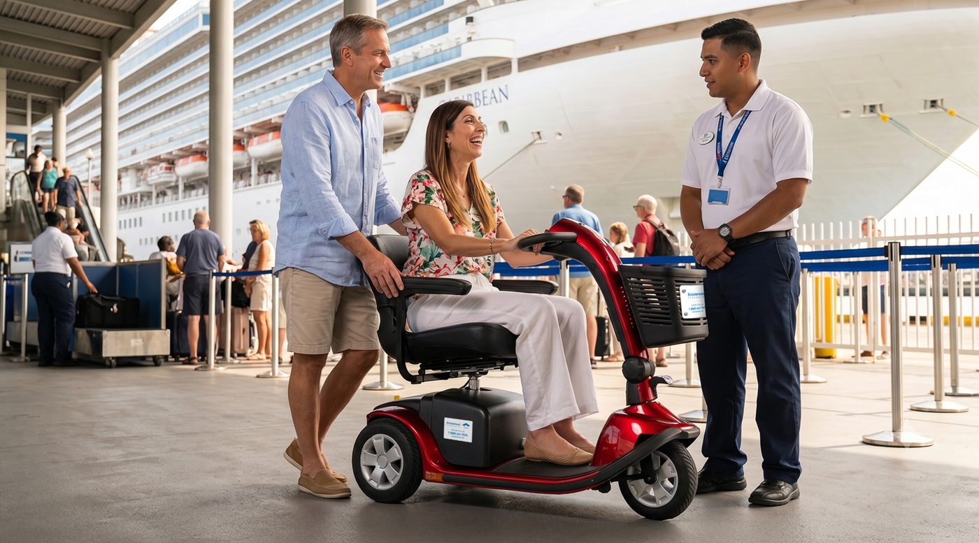Woman on Red Mobility Scooter at Port Terminal