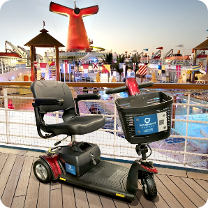 Red and black mobility scooter sits on a cruise ship deck, red funnel visible behind.
